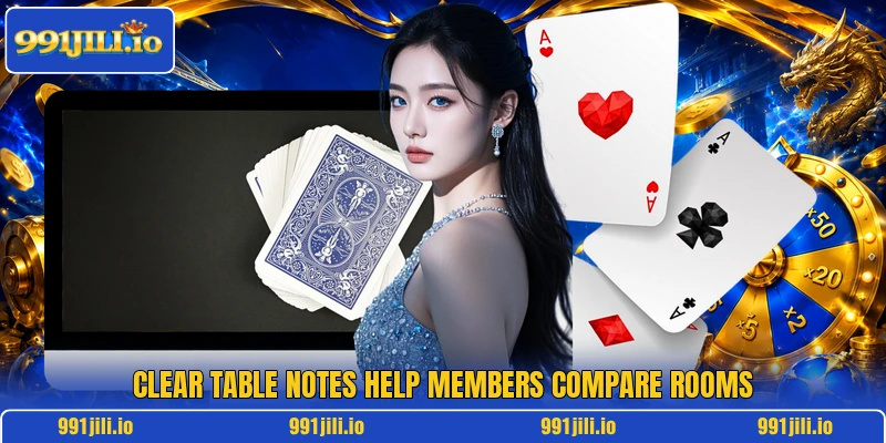 Clear table notes help members compare rooms