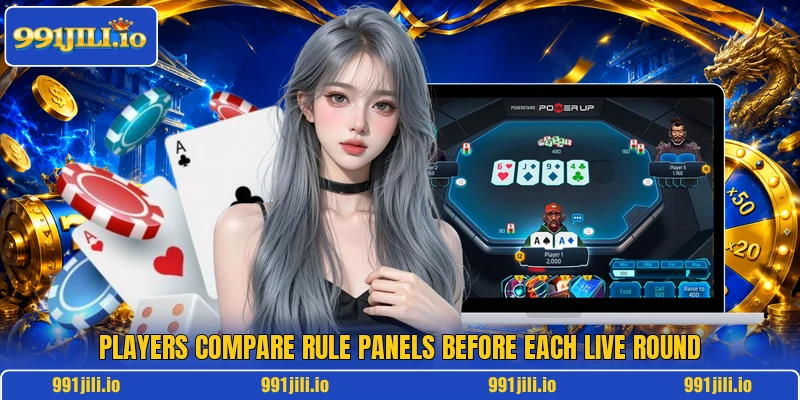 Players compare rule panels before each live round